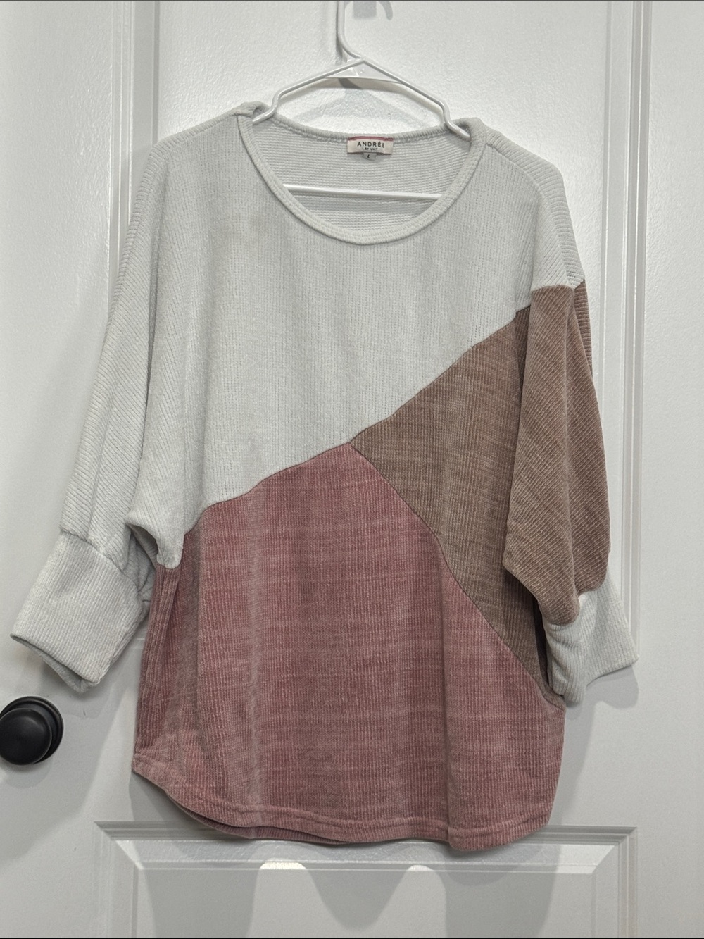Andree Colorblock Rib-Knit Pullover Top - White, Mauve & Brown